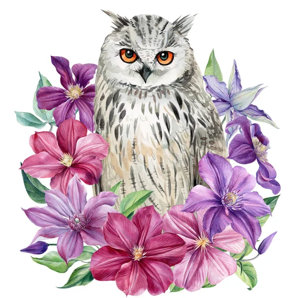 Květiny a sova na izolovaném bílém pozadí. Akvarel ilustrace, plakát se sovou — Stock fotografie