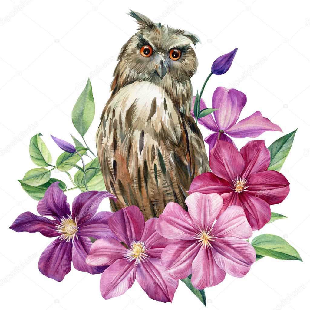 Cute Owl on an isolated white background. Watercolor illustration, owl with a bouquet of pink flowers