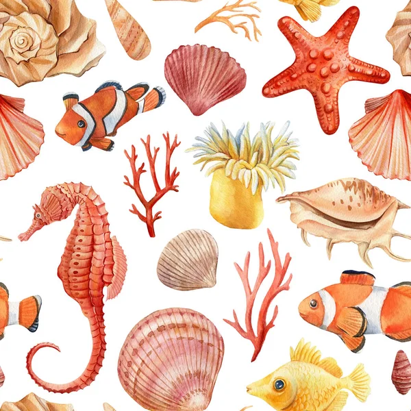 Watercolor Seashells, seahorse, starfish and fish, seamless pattern — ストック写真