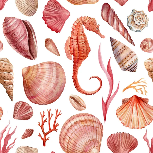 Seashells su uno sfondo isolato. Illustrazione ad acquerello, modello senza cuciture — Foto Stock