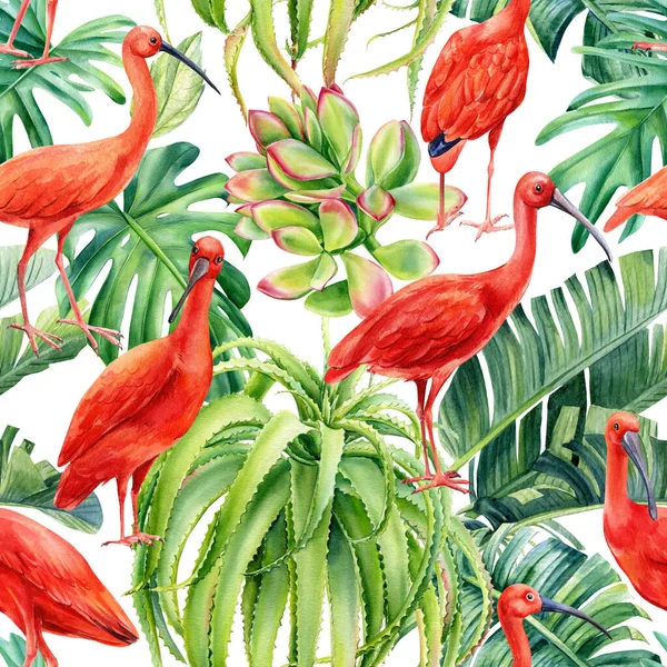 Tropik yapraklar, palmiye ve Ibis kuşları. Suluboya çizimi, kusursuz desen — Stok fotoğraf
