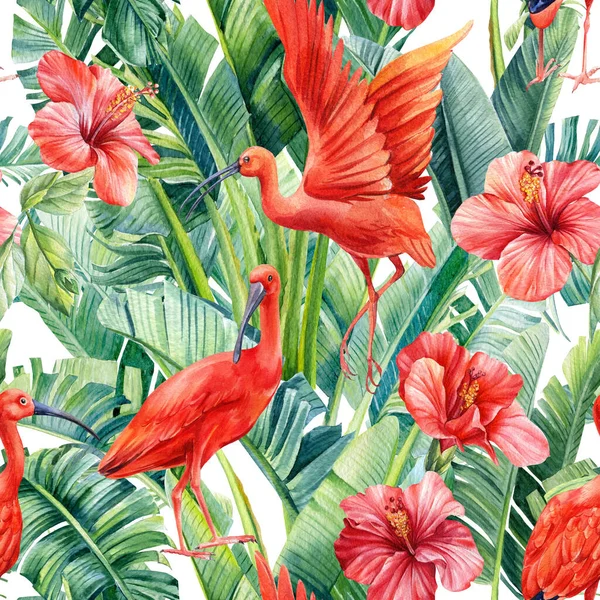 Tropische Blätter Palmen, Hibiskusblüten und Ibisse Vögel auf einem isolierten Hintergrund. Nahtloses Aquarell-Muster — Stockfoto