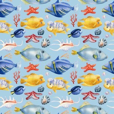 İzole bir zemin üzerinde tropikal balık, mercan, deniz kabuğu, deniz atı ve balık. Suluboya çizimi, kusursuz desen