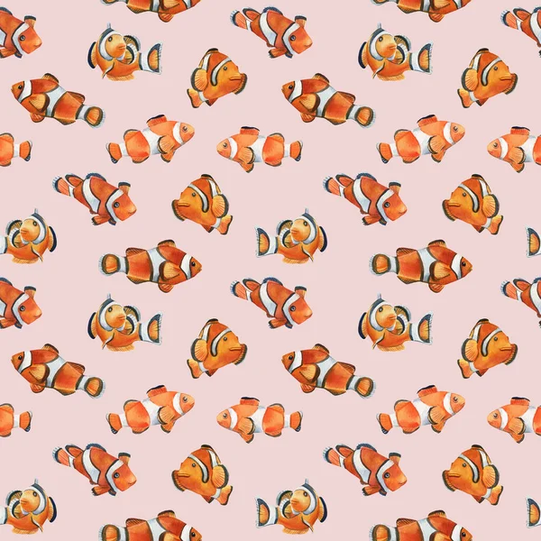 ปลาเขตร้อน ปลาตัวตลก และปลาบนพื้นหลังสีชมพู ภาพวาดสีน้ํา, รูปแบบไร้เย็บ — ภาพถ่ายสต็อก