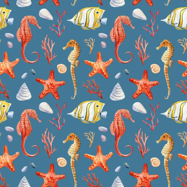Conchas-do-mar, cavalo-marinho e peixe num fundo isolado. ilustração aquarela, padrão sem costura — Fotografia de Stock