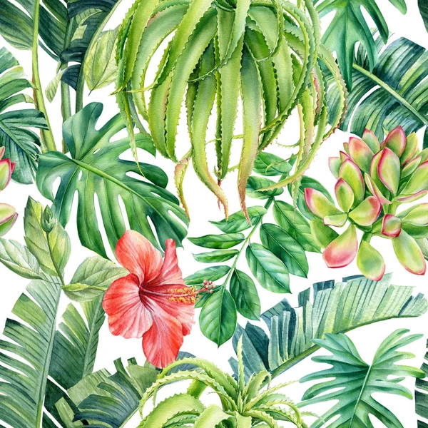 Foglie di palma tropicale, fiori di ibisco su uno sfondo isolato. Illustrazione ad acquerello, modello senza cuciture — Foto Stock