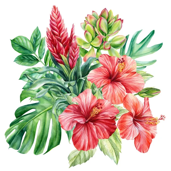 Ramo de flores de hibisco y hojas tropicales sobre un fondo aislado. Ilustración de acuarela, postal — Foto de Stock