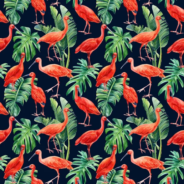 Hojas tropicales de palma y aves ibis. Ilustración de acuarela, patrón sin costuras —  Fotos de Stock