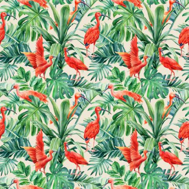 İzole bir arka planda tropik palmiye yaprakları ve Ibis kuşları. Suluboya çizimi, kusursuz desen