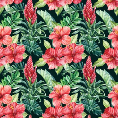 Tropik palmiye yaprakları, yalıtılmış arka planda amber çiçekleri. Suluboya çizimi, kusursuz desen