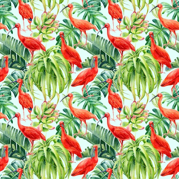 Tropical leaves palm and ibis birds. Watercolor illustration, seamless pattern — Stock Photo, Image