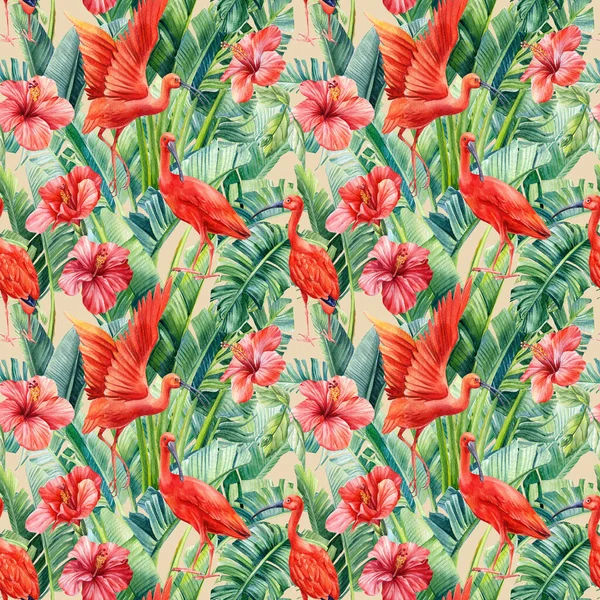 Тропические листья пальмы, цветы гибискуса и птицы ибис на изолированном фоне. Бесшовный рисунок акварели — стоковое фото