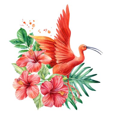 Tropik palmiye yaprakları, amber çiçekleri ve yalıtılmış arka planda Ibis kuşları. Suluboya çizimi, kartpostal