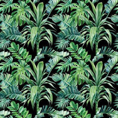 İzole bir arka planda tropik palmiye yaprakları. Suluboya çizimi, kusursuz desen