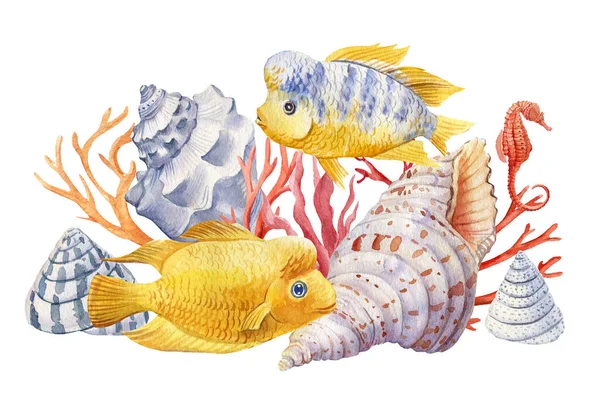 Gelbe Fische und Muscheln auf einem isolierten weißen Hintergrund. Aquarell-Illustration, Marine Design, Postkarten. — Stockfoto