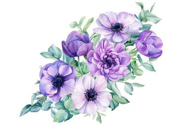 Düğün çiçekleri, şakayıklar ve beyaz bir zemin üzerinde okaliptüs yaprakları, suluboya resimleme