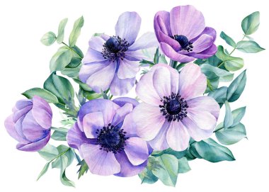 Güzel bir buket, çiçekler şakayıklar, ince dallar ve yapraklar beyaz arka planda, suluboya çizimler