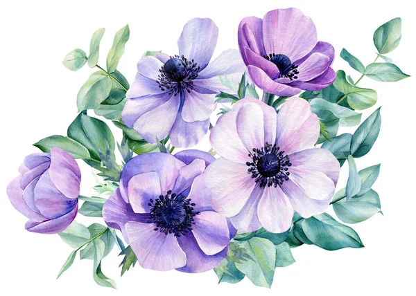 Güzel bir buket, çiçekler şakayıklar, ince dallar ve yapraklar beyaz arka planda, suluboya çizimler