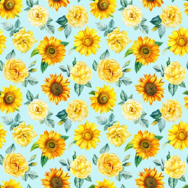 Çiçeksiz desen. Mavi arka planda çiçekler ve güller, elle çizilmiş. Suluboya çizimi