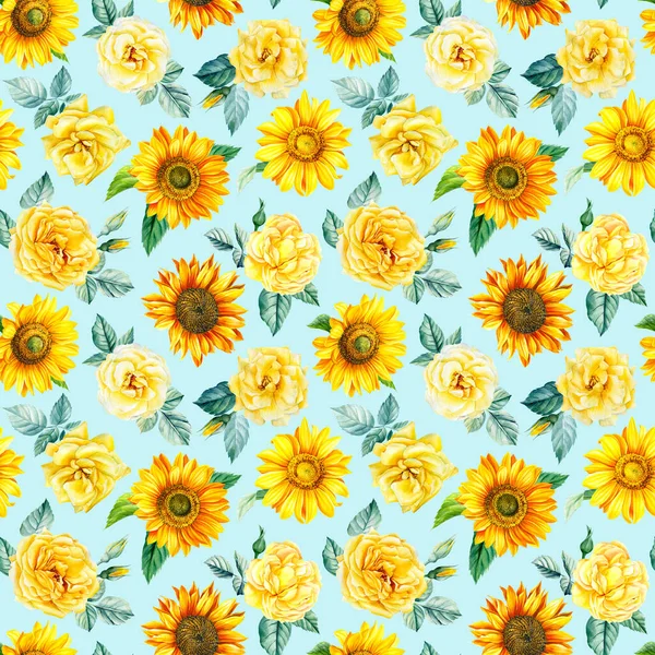 Patrón sin costura floral. Flores girasoles y rosas sobre un fondo azul, dibujado a mano. Ilustración en acuarela — Foto de Stock