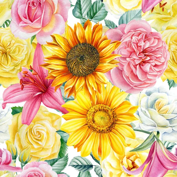 Seamless pattern. Hand-drawn sunflowers, lilies and roses flowers. Watercolor illustration — Stock Photo, Image