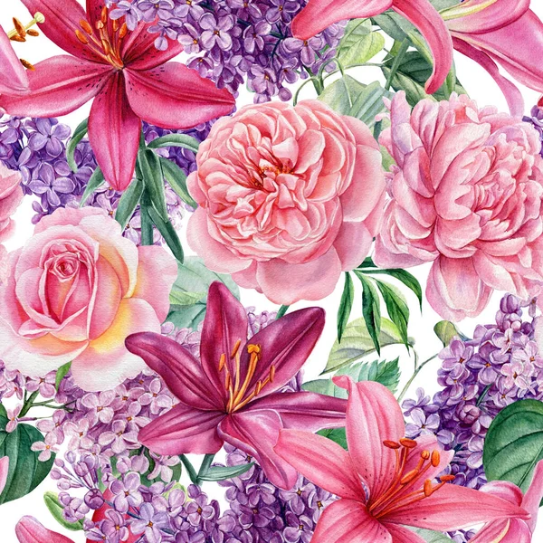 Zökkenőmentes minta. Kézzel rajzolt lila, liliom és rózsa virágok. Akvarell illusztráció — Stock Fotó
