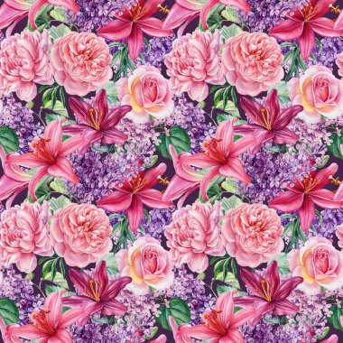 Kusursuz desen. El yapımı leylak, zambak ve gül çiçekleri. Suluboya çizimi