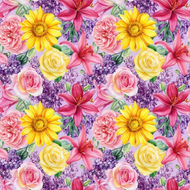 Kusursuz desen. Ayçiçekleri, zambaklar, leylaklar ve güller. Suluboya çizimi elle çizilmiş 