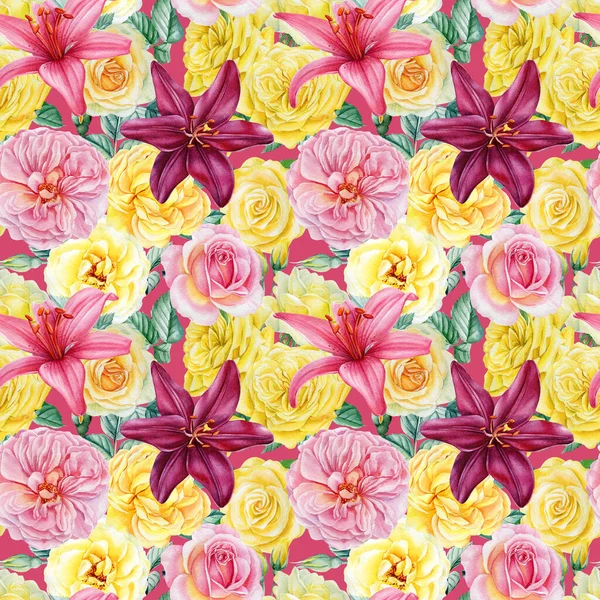 Lilies and roses flowers. Watercolor illustration Seamless pattern. — Stock Photo, Image