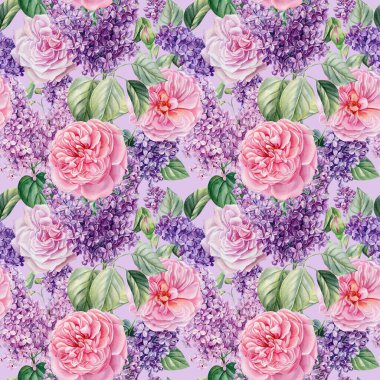 El yapımı leylak ve gül çiçekleri. Suluboya illüstrasyon, dijital kağıt. Kusursuz desen. 