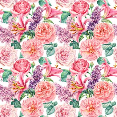 Kusursuz desen. El yapımı leylak, zambak ve gül çiçekleri. Suluboya resimleme, dijital kağıt