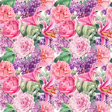 Kusursuz desen. El yapımı leylak, zambak ve gül çiçekleri. Suluboya resimleme, dijital kağıt