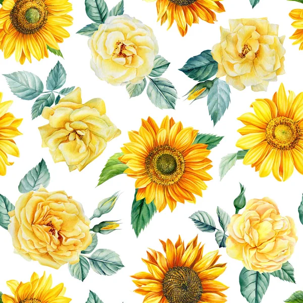 Seamless pattern. Flowers sunflowers and roses on a white background, hand-drawn. Watercolor illustration — Stock Photo, Image