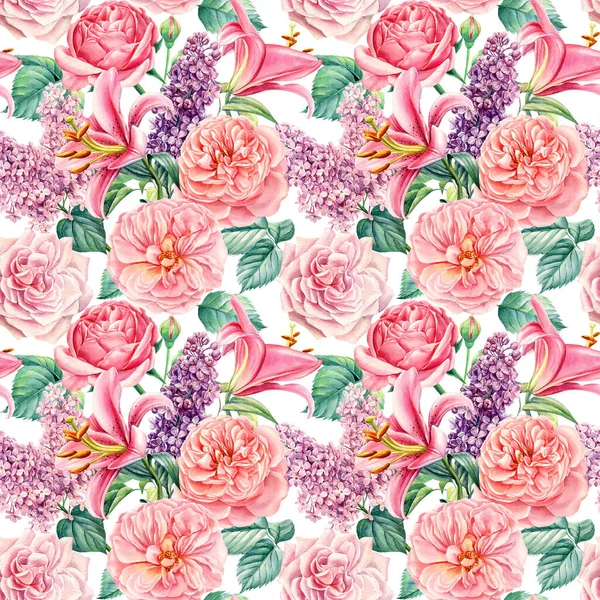 Seamless pattern. Hand-drawn lilac, lily and rose flowers. Watercolor illustration, digital paper — Stock Photo, Image