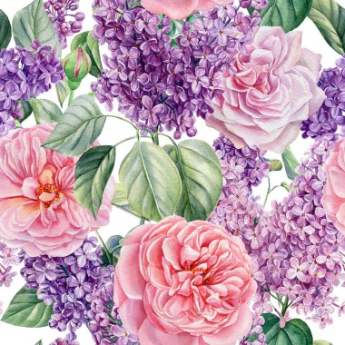 Kusursuz desen. El yapımı leylak ve gül çiçekleri. Suluboya resimleme, dijital kağıt
