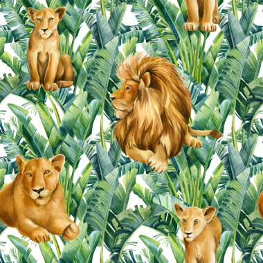 Tropik bir arka planda vahşi aslanlar. Suluboya resimleme, hayvanlarla kusursuz desen
