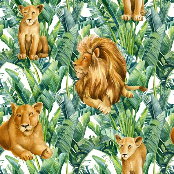 Tropik bir arka planda vahşi aslanlar. Suluboya resimleme, hayvanlarla kusursuz desen