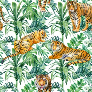 Kaplanlar ve palmiyeler. Tropik bir arka planda vahşi hayvanlar. Suluboya çizimi, kusursuz desen 