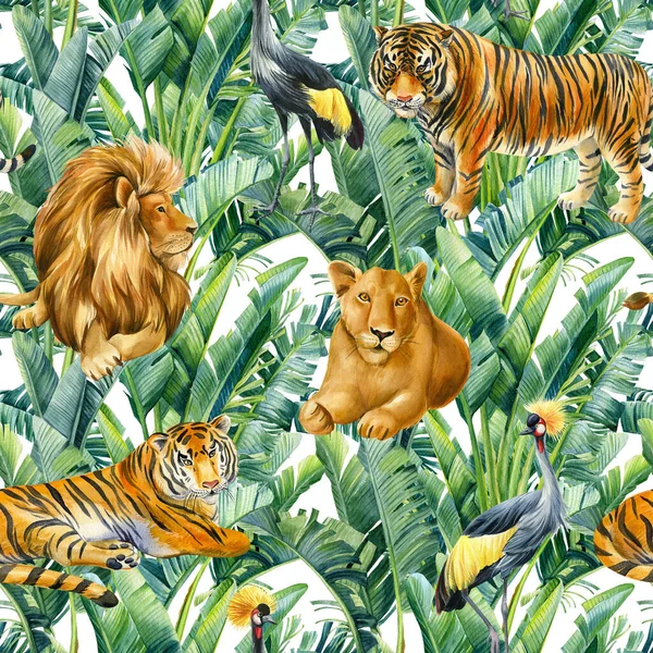 Tigres, leones y grúas. Animales salvajes sobre un fondo tropical. Ilustración de acuarela, patrón sin costura —  Fotos de Stock