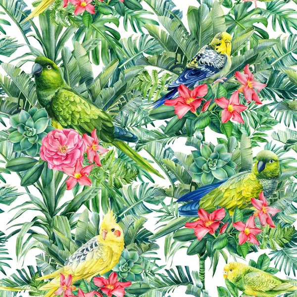 Patrón tropical sin costuras. Pájaros loros y palmas. Ilustración en acuarela. —  Fotos de Stock