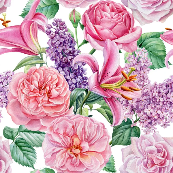 Flores lilás, lírio e rosa desenhadas à mão. ilustração aquarela, papel digital. Padrão sem costura. — Fotografia de Stock