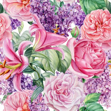 Kusursuz desen. El yapımı leylak, zambak ve gül çiçekleri. Suluboya resimleme, dijital kağıt