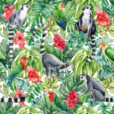 Tropik arka plan, palmiye yaprakları ve çiçeklerin pürüzsüz desenleri, suluboya boyayla boyanmış.