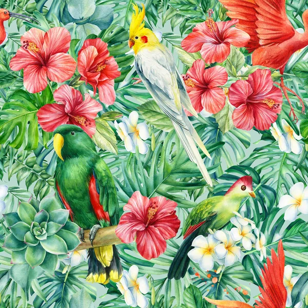 Tropikalne tło, bezszwowe wzory liści palmowych i kwiatów, malowane akwarelą — Zdjęcie stockowe