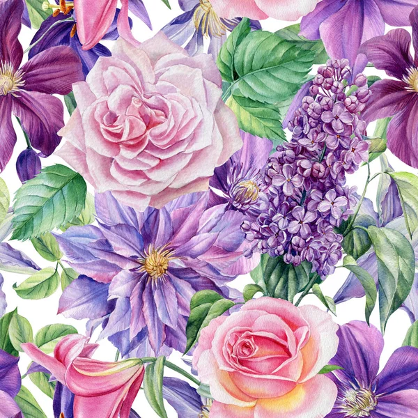 Fundo floral, padrões sem costura de flores de rosas, clematis, lírios e lilases, pintados em aquarela — Fotografia de Stock