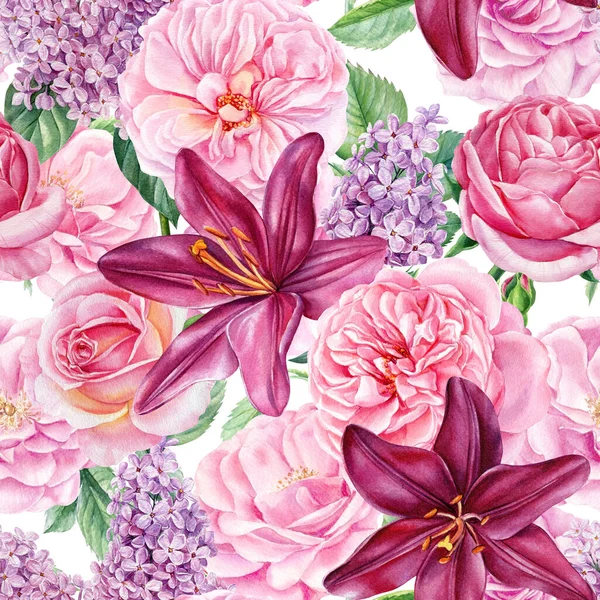 花の背景、バラ、ユリ、ライラックの花のシームレスなパターン、水彩画 — ストック写真
