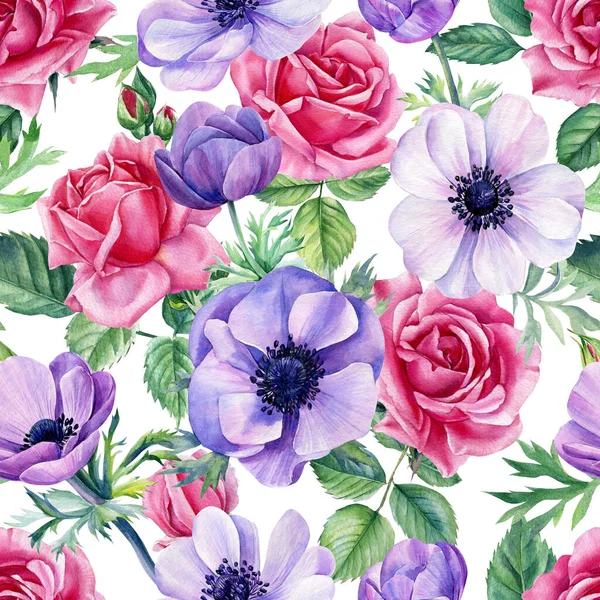 Floraler Hintergrund, nahtlose Blumenmuster aus Rosen und Anemonen, gemalt in Aquarell — Stockfoto