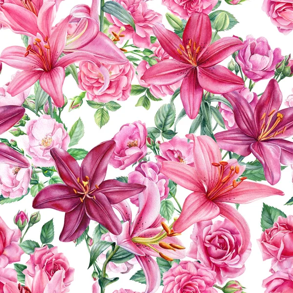 バラやユリ、水彩画。花の背景、花のシームレスなパターン. — ストック写真