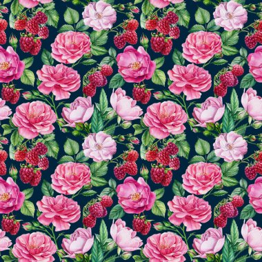 Gül ve ahududu çiçekleri. Çiçeksiz desenler, suluboya çizimler.