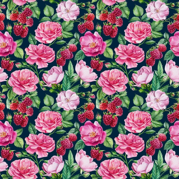 Fiori di rose e bacche di lampone. Modelli floreali senza cuciture, illustrazione ad acquerello — Foto Stock